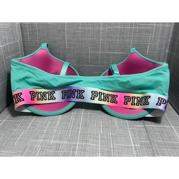 PINK Victoria’s Secret Bra 38DD Teal Rainbow Logo Band Preowned - Picture 2 of 4